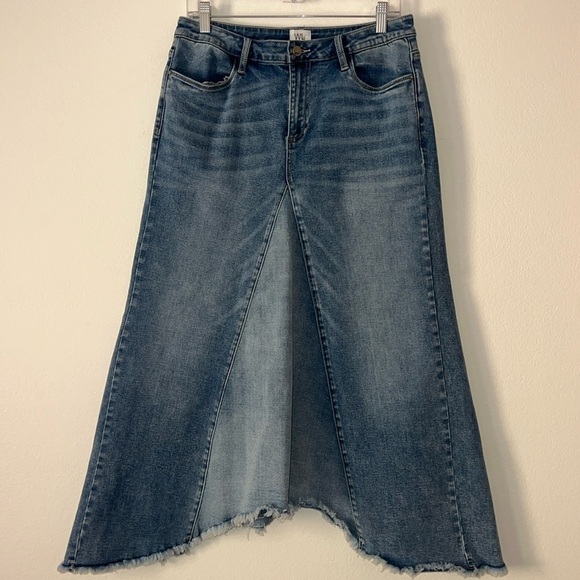Wash Lab Pieced Denim Midi Asymmetrical Two Toned Skirt Size 30 Two Tone Sky - Picture 3 of 11